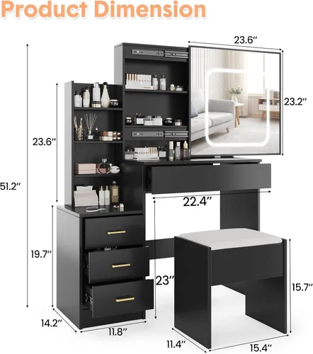 Vista 5 de GarveeLife Vanity Desk with Sliding Mirror & LED Lights, Makeup Dressing Table with 4 Drawers, Storage Shelves, Power Outlet & Stool, 3