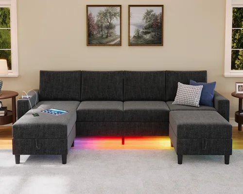 Vista 9 de Sofás seccionales inteligentes para sala de estar, sofá modular en forma de U L de 6 asientos con luz RGB carga, muebles modernos de sala de estar