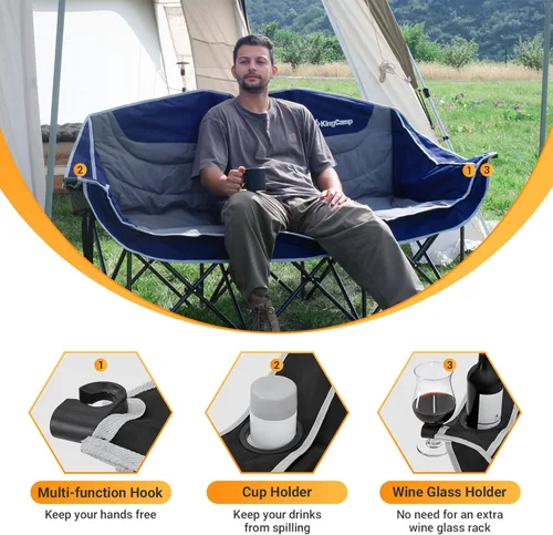 Vista 5 de KingCamp Silla de campamento doble, de gran tamaño, resistente de 660 libras, sofá biplaza para adultos, portátil, plegable, XL, sofá para 2