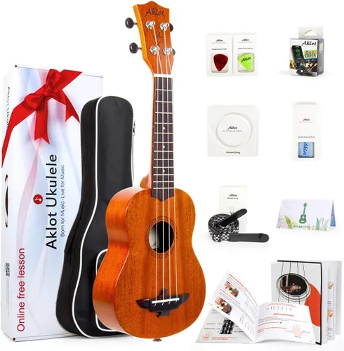 Vista 10 de AKLOT Juego de Ukelele de caoba sólida para principiantes, Ukelele Uke Hawaii con estuche 1:18 y afinador de cobre
