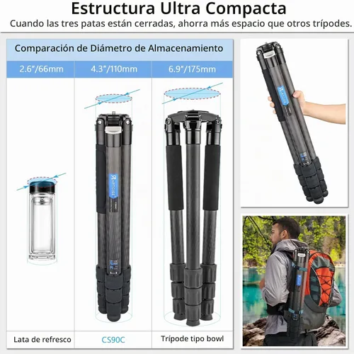 Vista 4 de Trípode compacto ligero de fibra de carbono de 1.57 pulgadas con cabezal de bola de perfil bajo de 1.57 pulgadas, soporte de cámara de viaje