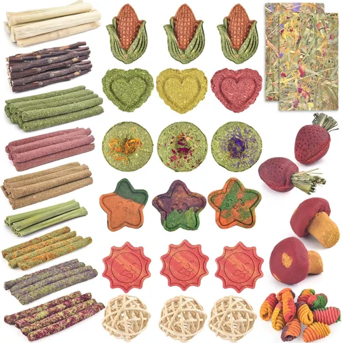 Vista 9 de ERKOON 80 juguetes masticables de conejo para dientes de conejo, juguetes naturales de conejo de madera de manzana, zanahoria, golosinas de hierba