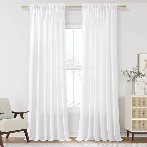 Vista 98 de Guken Cortinas de lino verde aguamarina de 84 pulgadas de largo, juego de 2 paneles semitransparentes con bolsillo para barra para comedor