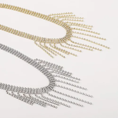 Vista 7 de Dcfywl731 Gargantilla con borlas de diamantes de imitación, collares de cristal multicapa, cadena de tenis brillante, collar con flecos para mujer
