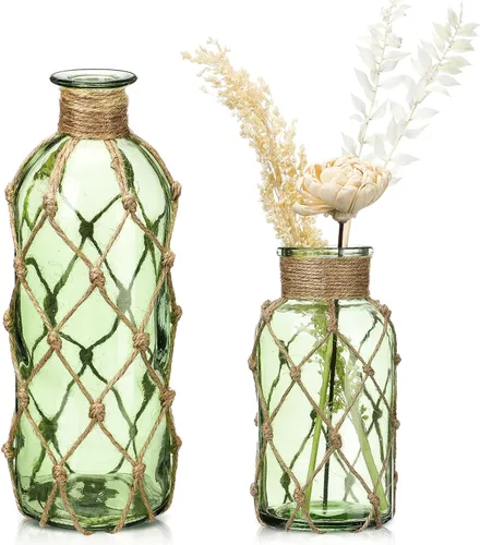 Vista 14 de Chuangdi TSITP - Juego de 2 jarrones de cristal costeros para flores, florero con cuerda bohemia, frasco pequeño de cristal de mar, botella de playa