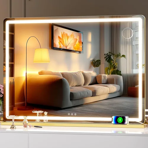 Vista 18 de Hasipu Espejo de tocador con luces, espejo LED de maquillaje de 31.5 x 22 pulgadas, espejo de maquillaje iluminado con 3 modos regulables, espejo