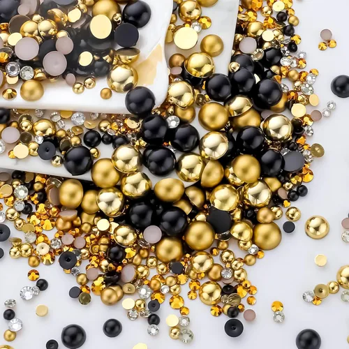 60g Perlas Negras Dorada con Diamantes de Imitación para Manualidades Tamaño Mixto 3mm-10mm Color AB Perlas Redondas Mitad con Parte Plana y Serie