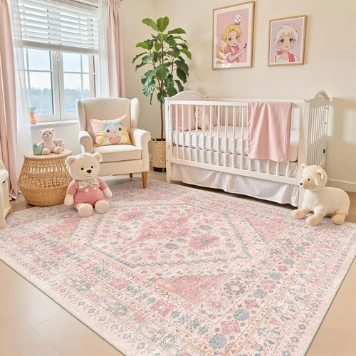Vista 142 de zesthome Alfombras de área de 5 x 7, lavables a máquina, para sala de estar, dormitorio, resistentes a las manchas, vintage, de gran área, Beige