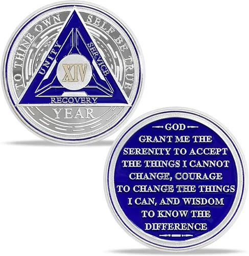 Vista 7 de Juego de monedas de sobriedad triangulares originales de 1 año Medallón AA de número romano plateado con cápsula protectora Ficha de aniversario