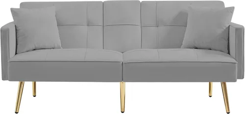 Vista 4 de Sofá sofá futón con respaldo ajustable, sofá biplaza de terciopelo con patas de metal para sala de estar, dormitorio, espacio pequeño (gris)