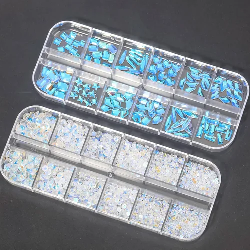 Vista 8 de HNUIX Diamantes de imitación para uñas, cristal 3D de múltiples formas, gemas de uñas Aurora de cristal, parte trasera plana, con kit para arte