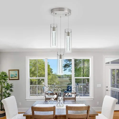 Vista 4 de Lámpara colgante de 3 luces LED para cocina, lámpara colgante de cilindro de burbujas de níquel cepillado con longitud ajustable para cocina, isla