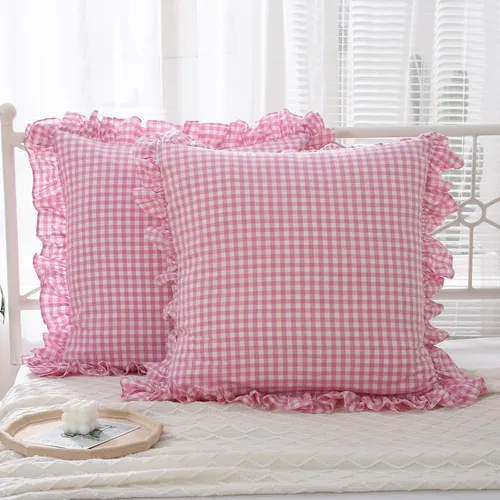 Vista 73 de Paquete de 2 fundas de almohada europeas a cuadros azul polvoriento, blanco, a cuadros, 100% algodón lavado, a cuadros, estilo francés, rústico