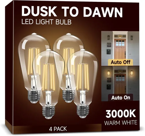Bombillas del atardecer al amanecer: Bombillas para exteriores, equivalentes a 6W 60W, bombillas Edison de 3000K, blanco cálido, iluminación LED