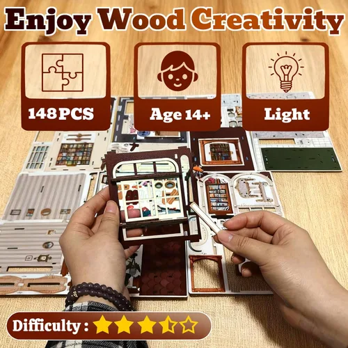 Vista 2 de Rompecabezas de madera 3D, kits de rincón de libros para adultos, kits de construcción de casas en miniatura, manualidades de madera