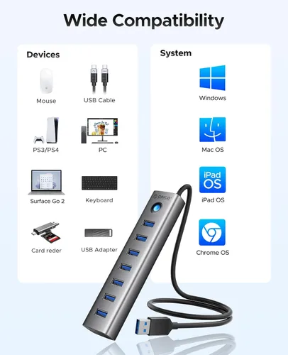 Vista 8 de ORICO Hub USB 3.0 de 7 puertos, adaptador múltiple USB de aluminio, extensor USB de 5 Gbps con cable de 1.64 pies, cable largo UBS-A Hub