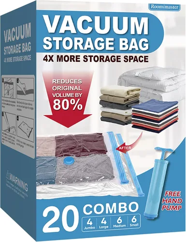 Vista 8 de Bolsas de almacenamiento al vacío, 10 bolsas medianas para ahorrar espacio, con bomba, bolsas con sellado al vacío para ropa, edredones, mantas