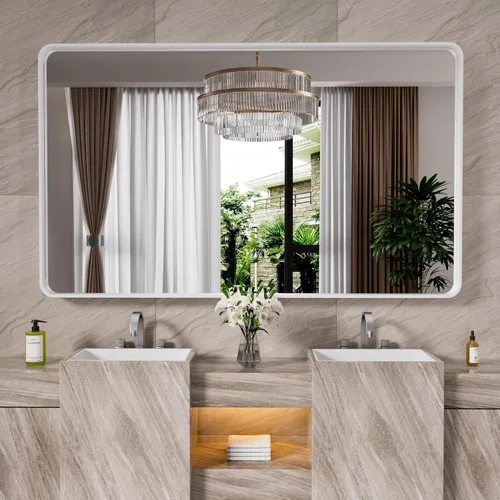Vista 53 de JISOSO - Espejo de baño negro de 20x30 pulgadas con marco de metal negro, espejo de tocador rectangular redondeado con acabado mate para pared