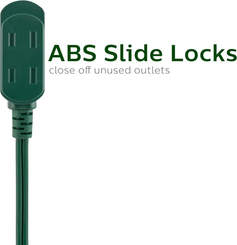 Vista 2 de Cable de extensión Philips, 15 pies, enchufe plano de 3 tomas, múltiples tomas de seguridad con deslizamiento, para interiores, 2 puntas, verde
