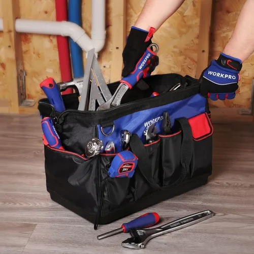Vista 7 de WORKPRO Bolsa de herramientas, bolsa de herramientas de 18 pulgadas con base moldeada impermeable, bolsa organizadora de herramientas de tapa