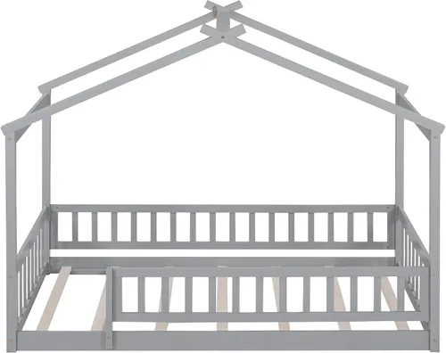 Vista 7 de Cama con dosel con valla, moderna cama de plataforma de madera maciza con cabecera y soporte de listones, moderna cama con paneles de 4 carteles Gris