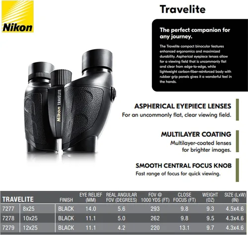 Vista 6 de Nikon TRAVELITE EX Binoculars Compact Lightweight Waterproof Fogproof Outdoor Binoculars with Multilayer-Coated Optics Ideal for Birdwatching