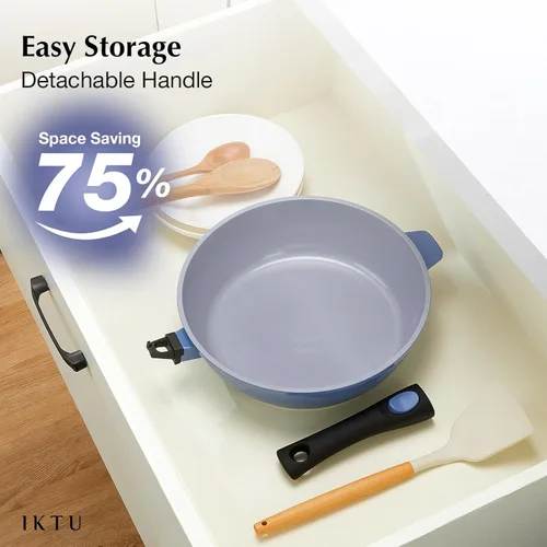Vista 5 de IKTU Sartén profunda antiadherente de cerámica, sartén antiadherente de 11 pulgadas con mango auxiliar y tapa, sartén grande de inducción con mango