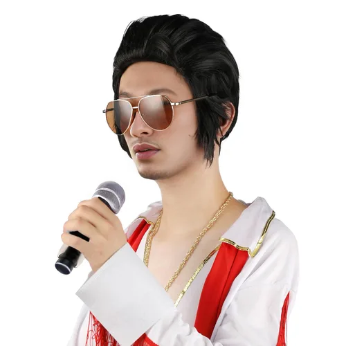 Vista 3 de MUPUL Peluca sintética negra para hombre, disfraz de rock de los años 50 para Halloween