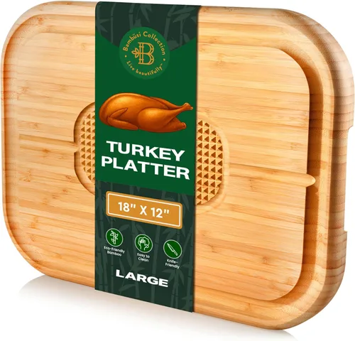 Vista 9 de Tabla de Cortar Carne - Tabla Grande de 18"x12" Reversible de Bambú para Pavo - Bloque de Carnicero de Servicio Pesado con Ranura Profunda