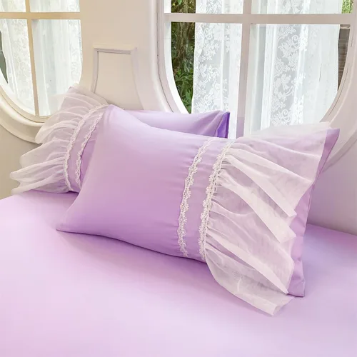 Vista 2 de SOUKECHY Juego de funda de edredón de encaje con volantes, funda de edredón con lazo, ropa de cama de princesa para niños, 100% poliéster, juego