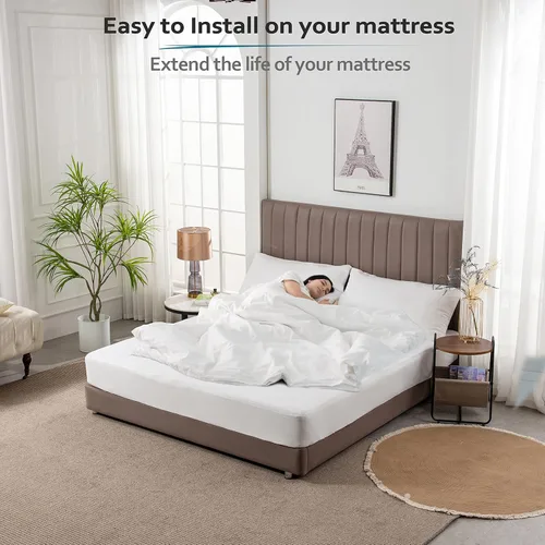 Vista 7 de Protector de colchón premium 100% impermeable, hipoalergénico, libre de vinilo, transpirable, superficie de algodón suave con bucles. -, Algodón