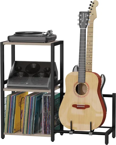 Vista 13 de YAKANJ Mesa Auxiliar con Soporte para Guitarra, Soporte para Tocadiscos, Almacenamiento para Discos de Vinilo, Soporte de 2 Niveles para Guitarra