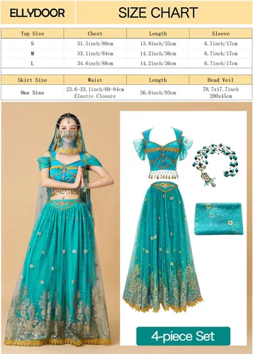 Vista 5 de ELLYDOOR Disfraces de princesa jazmín para mujer, disfraz de Aladdin para Halloween, cosplay, traje de danza del vientre