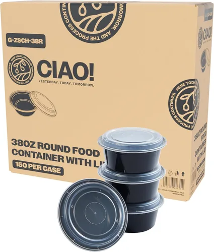 Vista 15 de CIAO! Contenedor de alimentos redondo negro moldeado por inyección de peso pesado de 24 oz con tapa (150/caja)
