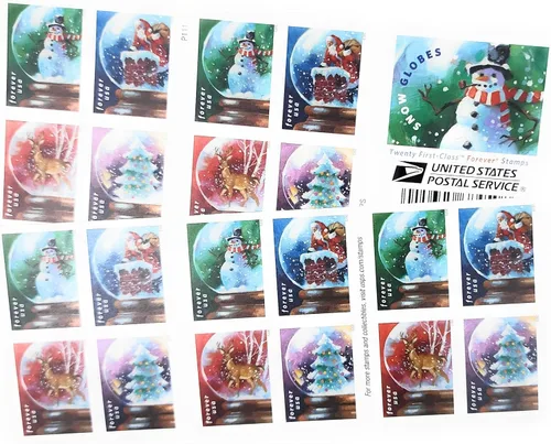 United States Postal Service Globos de nieve USPS (Boletín de 20) Sellos postales para siempre (un muñeco de nieve, Papá Noel en una chimenea, un