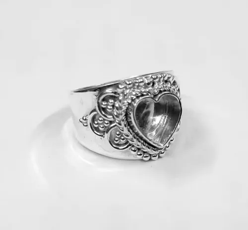 Vista 4 de 925 Sterling Silver Heart Shape Handcrafted Bezel Ring Blank Bezel Setting, Blank Ring Base,Ring DIY For Resin Work,Traditional Antique Ring