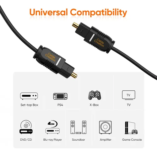 Vista 4 de CableCreation Cable de audio digital óptico de 3.3 pies, cable Toslink de fibra óptica delgada chapado en oro S/PDIF para cine en casa, barra