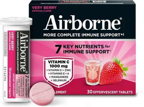 Vista 24 de Airborne Comprimidos efervescentes de apoyo inmunológico, sabor a naranja picante, 10 unidades con 1000 mg de vitamina C + vitaminas A, D, E, zinc