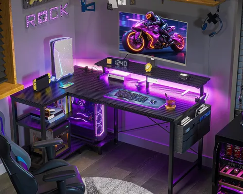 Vista 2 de ODK Escritorio para juegos de 40 pulgadas con tomas de alimentación USB y luces LED, escritorio reversible en forma de L con estantes de Superficie