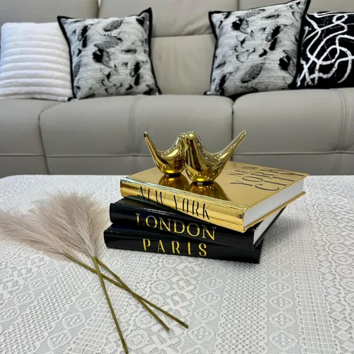 Vista 5 de Libros decorativos para decoración del hogar con pequeñas estatuas de pájaros doradas, decoración del hogar dorada, decoración de libros de mesa