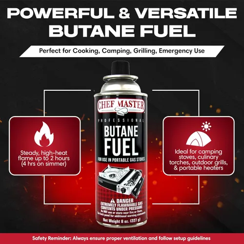 Vista 3 de Chef Master 4 recipientes de combustible de butano de 8 onzas – Recambio de butano para antorcha de cocina y estufa de campamento – Recipiente