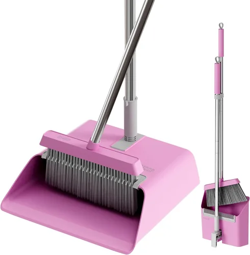 Vista 11 de JOYMOOP Juego de escoba y recogedor negro, diseño de ángulo vertical con dientes de peine integrados para el hogar, oficina, suelos de madera dura