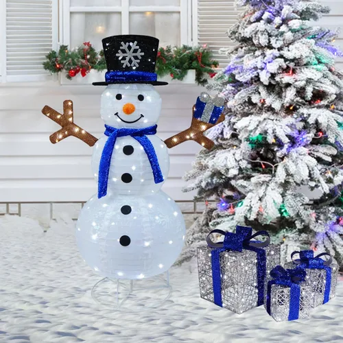 Vista 7 de Muñeco de nieve iluminado para exteriores, muñeco de nieve emergente para exteriores, decoración de Navidad preiluminada, 100 luces, muñecos