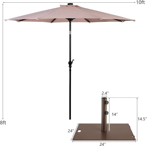 Vista 3 de Giantex Paraguas de patio con soporte de base, luces LED solares de 10 pies para exteriores y base de sombrilla de acero de 50 libras con ruedas, 8