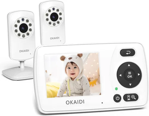 OKAIDI Monitor de video para bebés con 2 cámaras, pantalla de viaje portátil de 2.4 pulgadas, transmisión de largo alcance de 1000 pies, monitor de