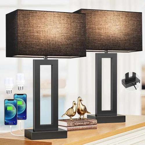 Vista 9 de Seealle - Juego de 2 lámparas de mesita de noche para dormitorios - Lámpara de mesita táctil con USB C+A, lámparas de sala de estar regulables de 3