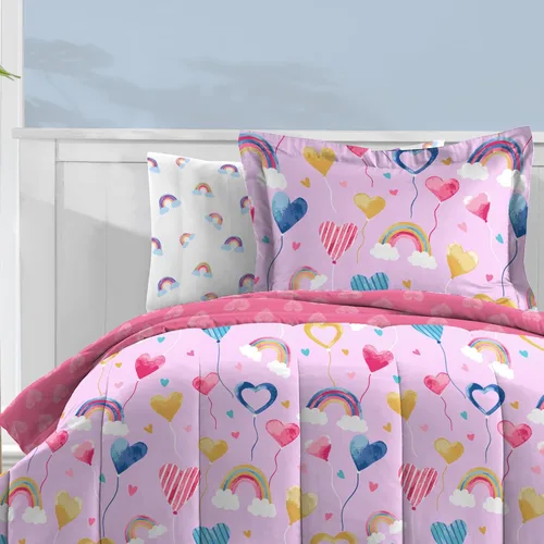 Vista 3 de dream FACTORY - Juego completo de ropa de cama infantil de 5 piezas, de microfibra muy suave, fácil de lavar, tamaño individual, globos de corazón