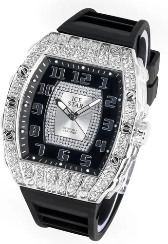 Vista 3 de Techno Pave Reloj helado de lujo para hombre con cristales simulados, bisel en forma de tonneau y correa de silicona ajustable, reloj de diamante