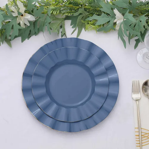 Vista 36 de Tableclothsfactory Paquete de 10 platos redondos de plástico para ensalada de postre de 6 pulgadas, platos desechables con borde ondulado dorado