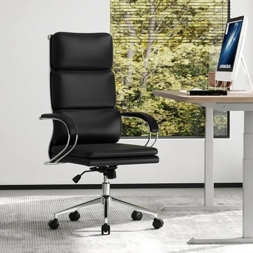 Vista 9 de COSTWAY Silla de oficina ergonómica de cuero, silla ejecutiva de computadora con respaldo alto con altura ajustable y función de balanceo, soporte